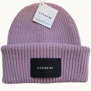 NWT Coach Faded Pink Ribbed Knit Beanie with Woven Logo Patch